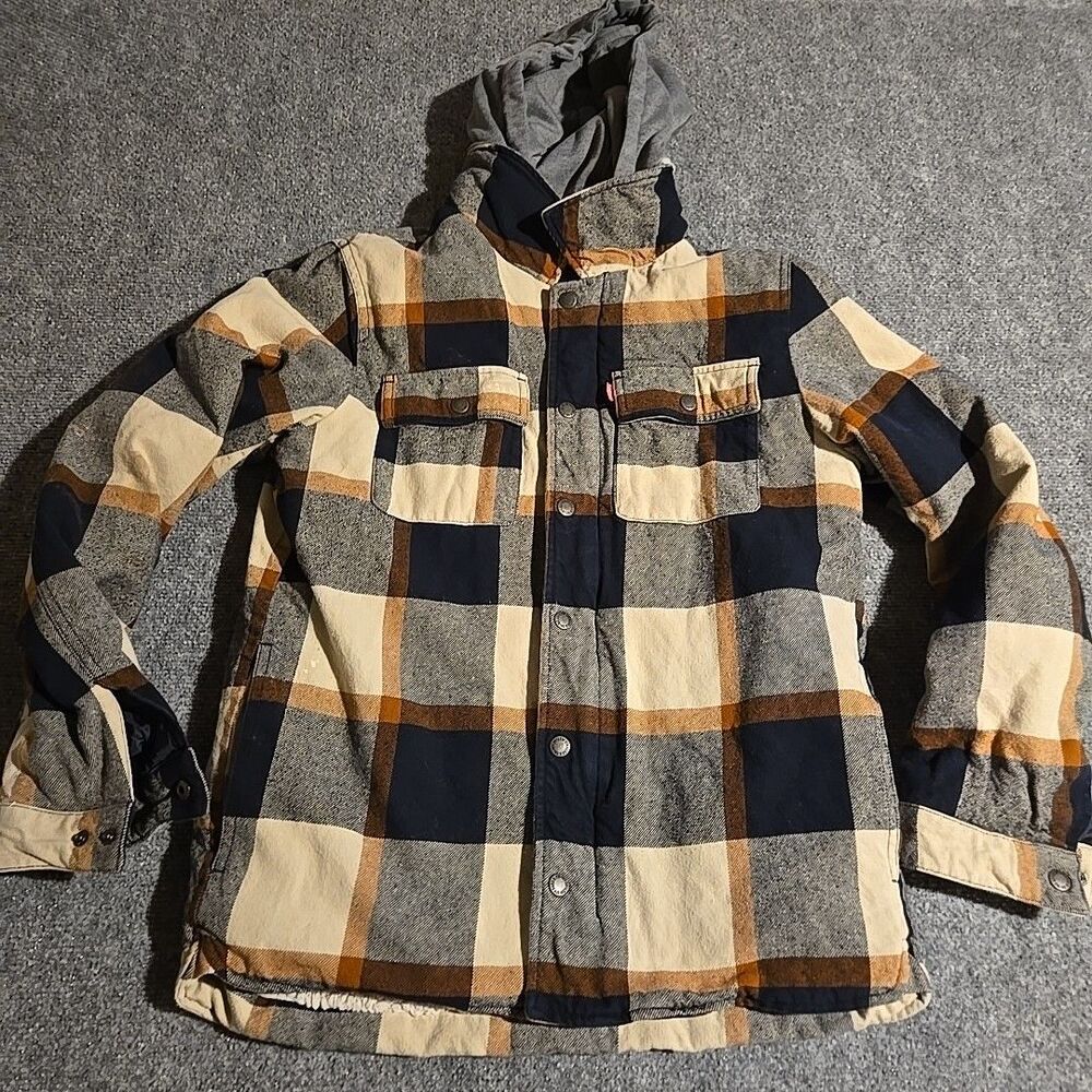 Levi's Sherpa Lined Hooded Jacket Mens Small Brown Plaid Front Zip Pockets